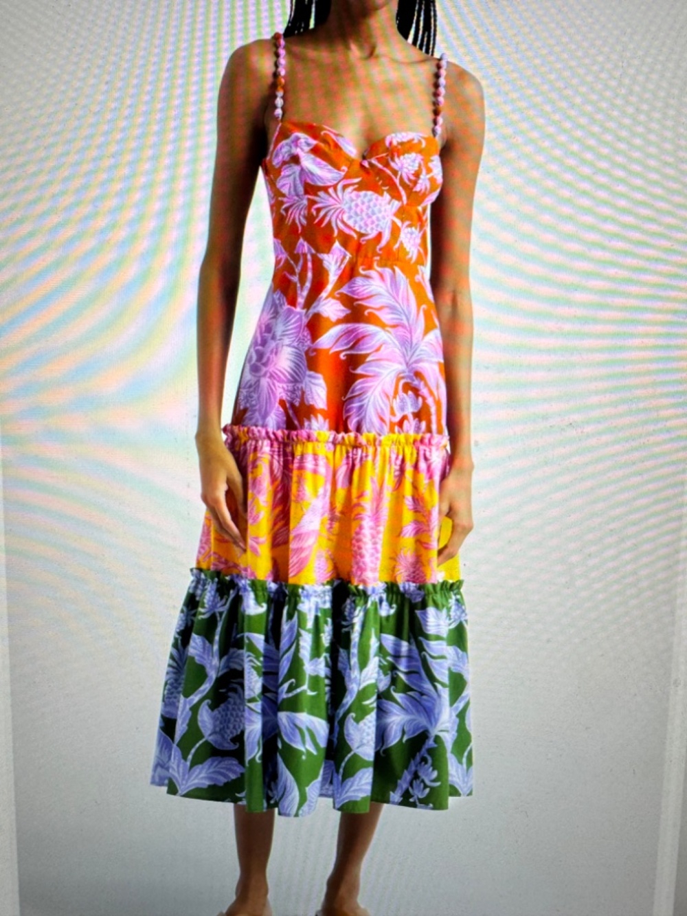 FARM Rio Pink Orange Yellow Green Floral Tiered Midi Dress